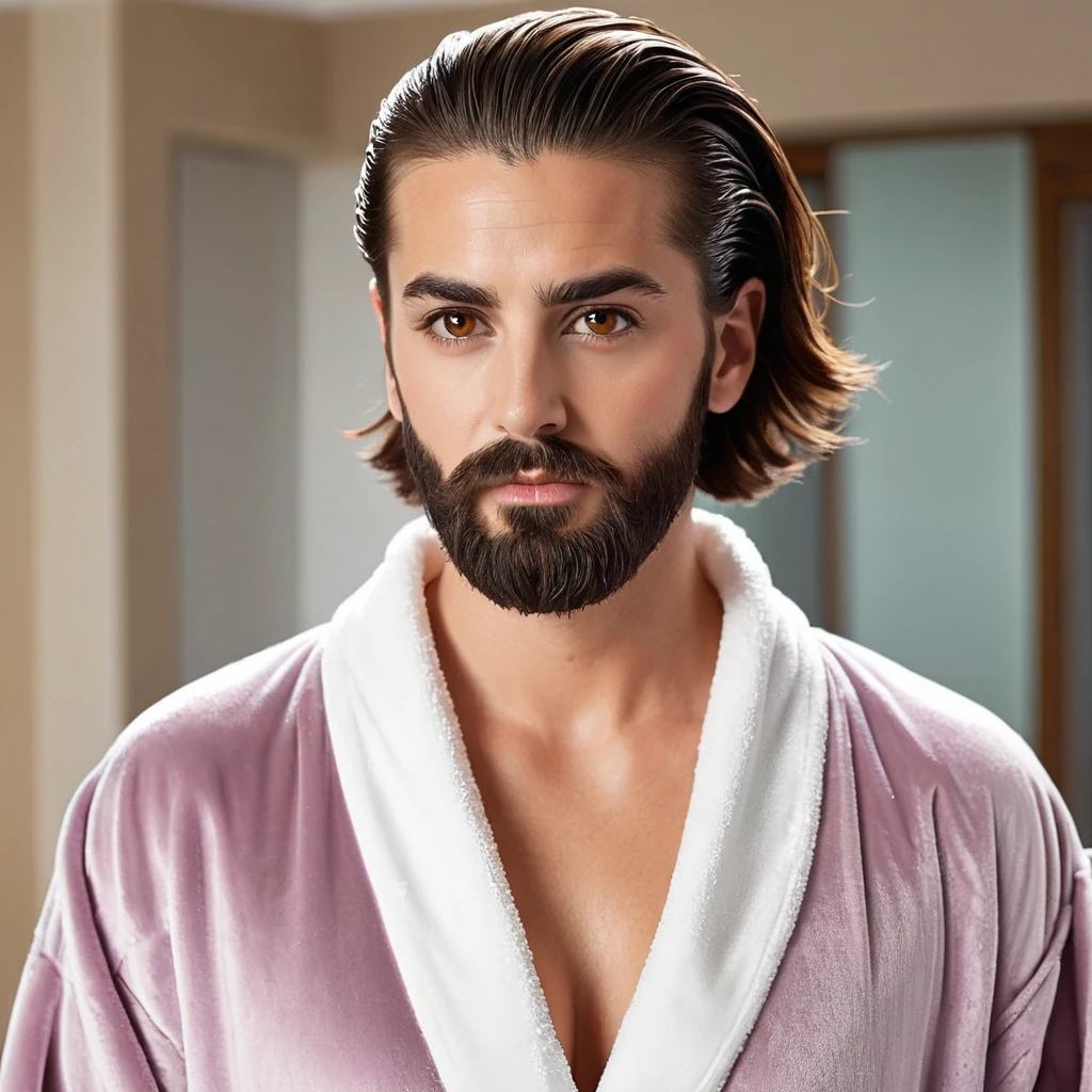 woman with voluminous beard, brown eyes, wet brown hair slicked back, big nose, in dressing gown