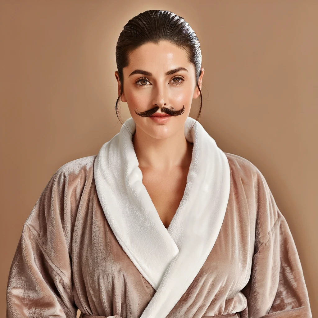 woman with voluminous beard, brown eyes, wet brown hair slicked back, big nose, in dressing gown