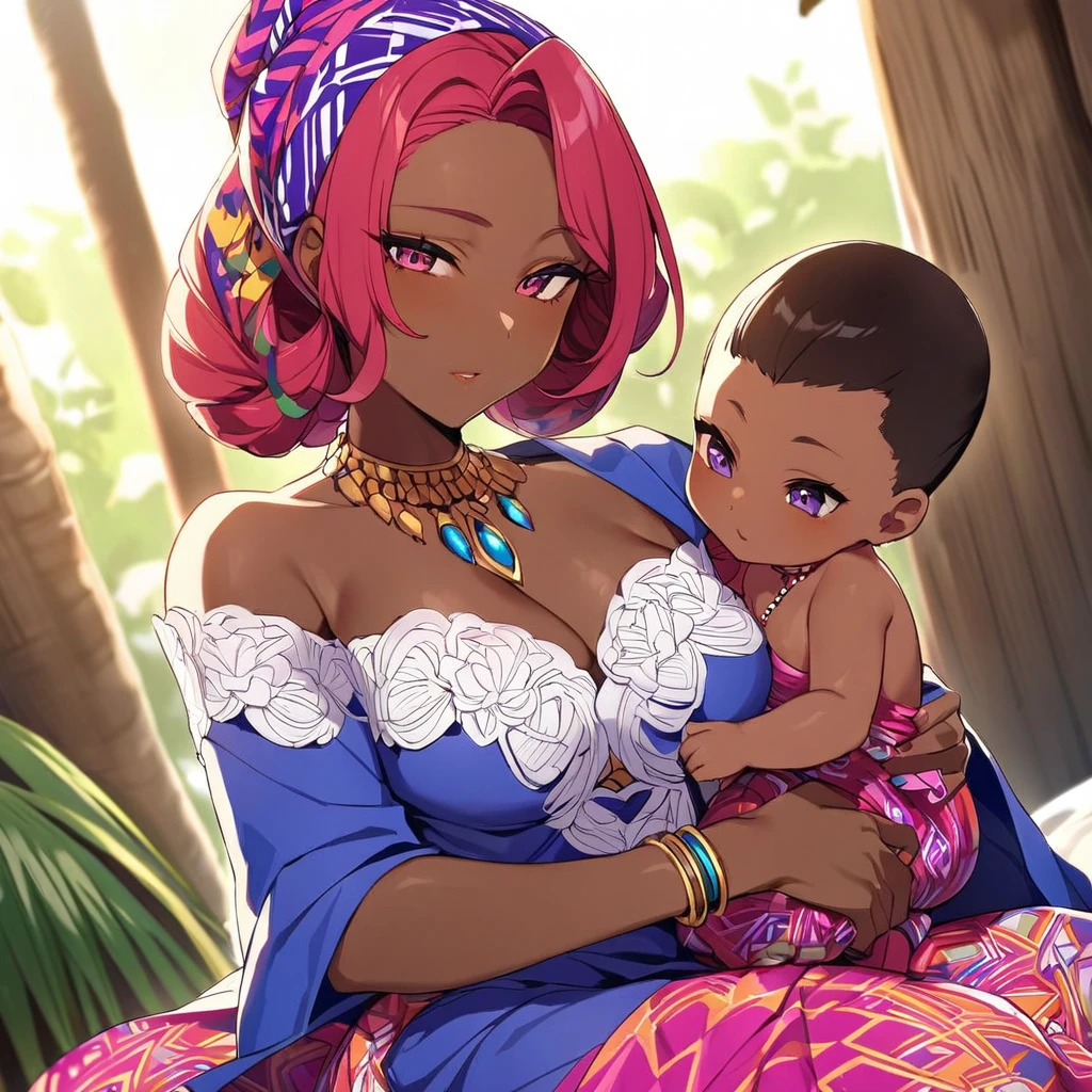 ((Highest quality)), ((masterpiece)), (detailed), (Perfect Face)、The woman is holding her baby daughter、The woman is Momo Belia Deviluke, a Ghanaian by birth, with a vibrant dark skin, and is wearing a vibrant Ghanaian dress, a vibrant headscarf, gorgeous jewellery and an engagement ring.、The woman is the elegant Momo Belia Deviluke, with short pink bob hair, a colorful Ghanaian dress, a colorful headscarf, and vivid dark brown skin. She is a natural-born black and Ghanaian.、(The woman is a black Ghanaian with vivid dark brown skin.)、The woman is seen in a Ghanaian village, cuddling with a dignified, muscular, bearded, middle-aged Ghanaian man.、The man is the woman's husband, a dignified, muscular, middle-aged Ghanaian with a beard, wearing colorful Ghanaian traditional clothing and wearing an engagement ring.、The woman is holding her baby daughter