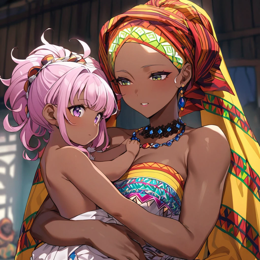 ((Highest quality)), ((masterpiece)), (detailed), (Perfect Face)、The woman is holding her baby daughter、The woman is Momo Belia Deviluke, a Ghanaian by birth, with a vibrant dark skin, and is wearing a vibrant Ghanaian dress, a vibrant headscarf, gorgeous jewellery and an engagement ring.、The woman is the elegant Momo Belia Deviluke, with short pink bob hair, a colorful Ghanaian dress, a colorful headscarf, and vivid dark brown skin. She is a natural-born black and Ghanaian.、(The woman is a black Ghanaian with vivid dark brown skin.)、The woman is seen in a Ghanaian village, cuddling with a dignified, muscular, bearded, middle-aged Ghanaian man.、The man is the woman's husband, a dignified, muscular, middle-aged Ghanaian with a beard, wearing colorful Ghanaian traditional clothing and wearing an engagement ring.、The woman is holding her baby daughter