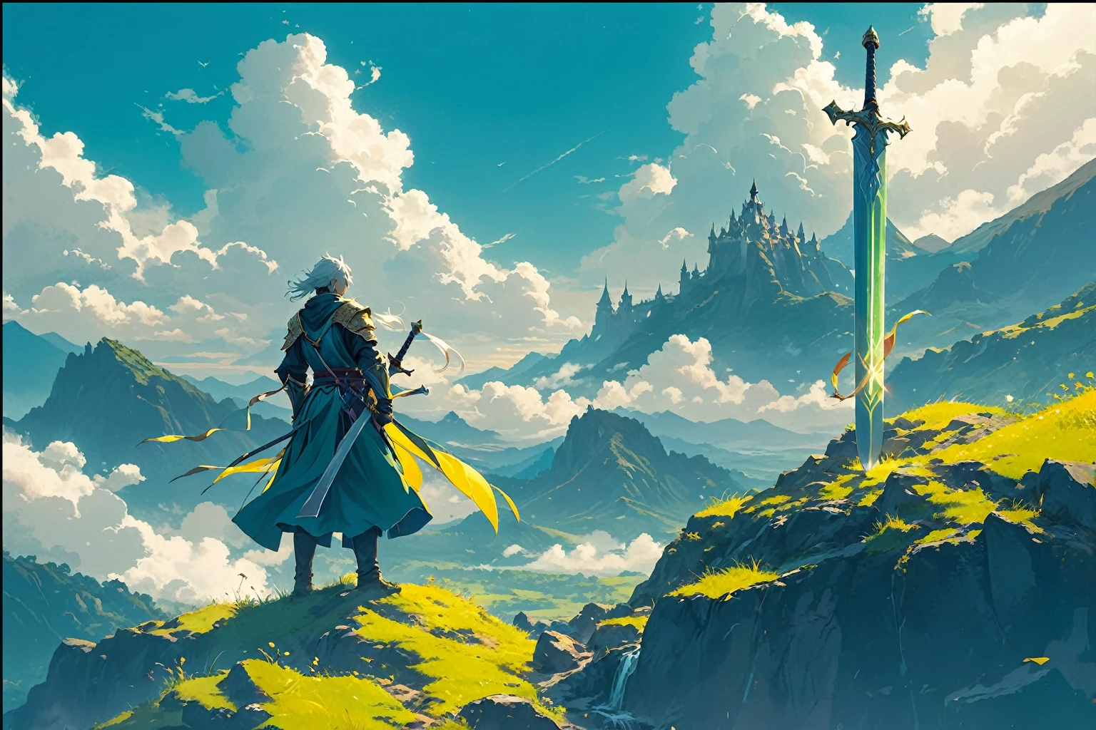Anime style,Depicts a man standing on a hill holding a sword, Concept Art Illustration, 高品质Digital Concept Art, Concept Art Digital Illustration, digital Concept Art Illustration, Fantasy game art style, Concept Art Wallpaper 4K, Detailed game art illustrations, Digital Concept Art, Illustration Concept Art, Concept art style, rossdraws Global Illumination, Duelist Style