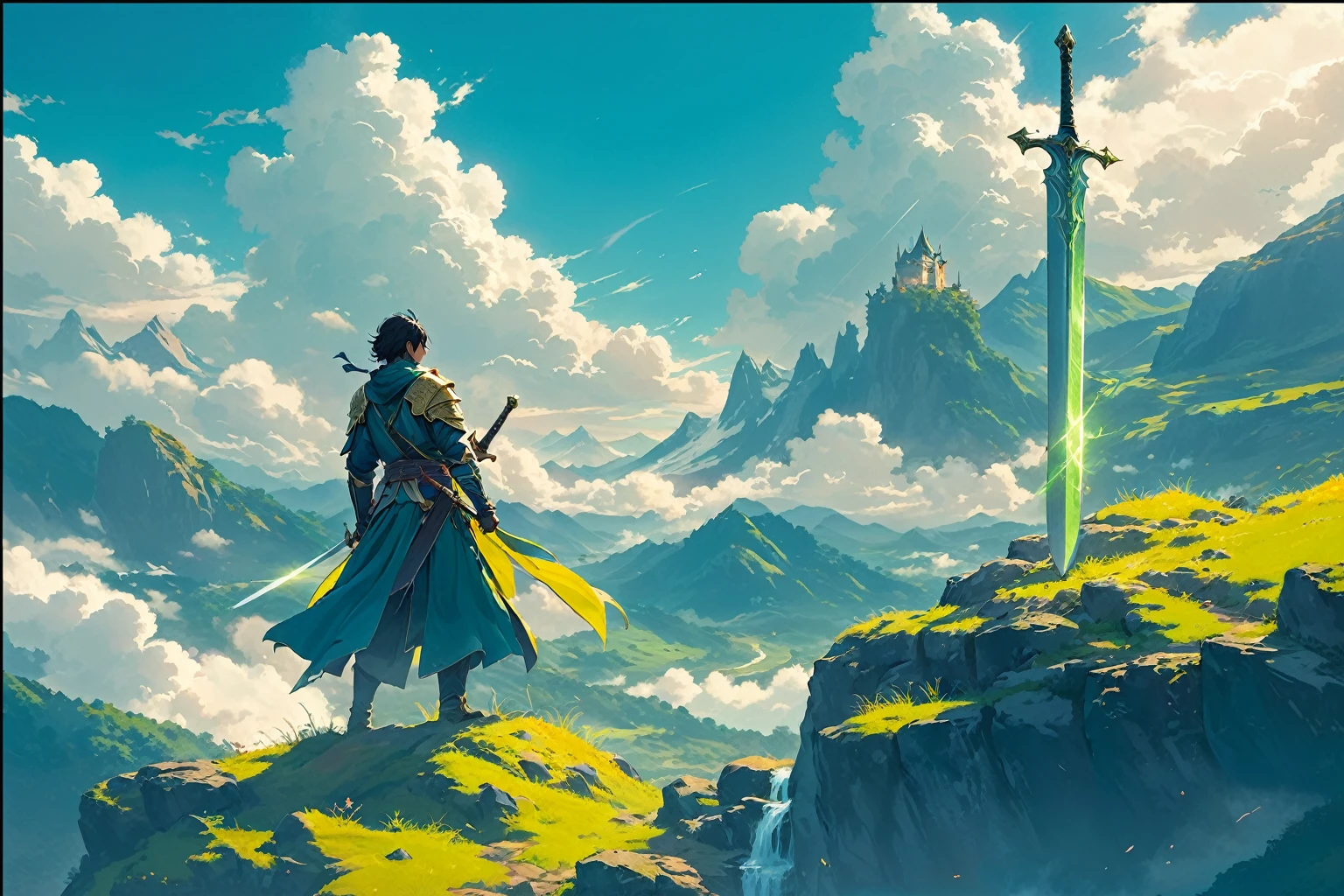 Anime style，Depicts a man standing on a hill holding a sword, Concept Art Illustration, 高品质Digital Concept Art, Concept Art Digital Illustration, digital Concept Art Illustration, Fantasy game art style, Concept Art Wallpaper 4K, Detailed game art illustrations, Digital Concept Art, Illustration Concept Art, Concept art style, rossdraws Global Illumination, Duelist Style