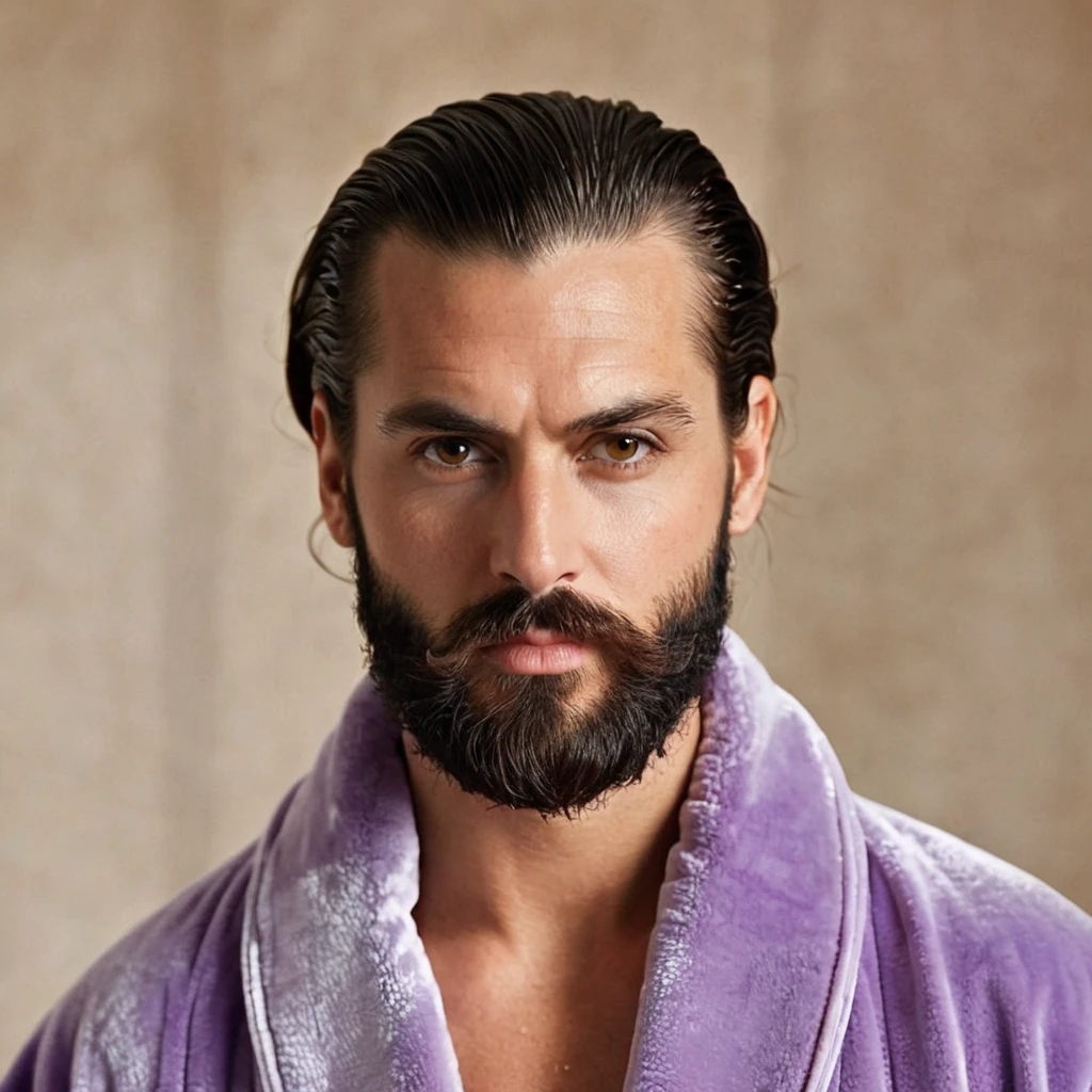 woman with voluminous beard, brown eyes, wet brown hair slicked back, big nose, in dressing gown