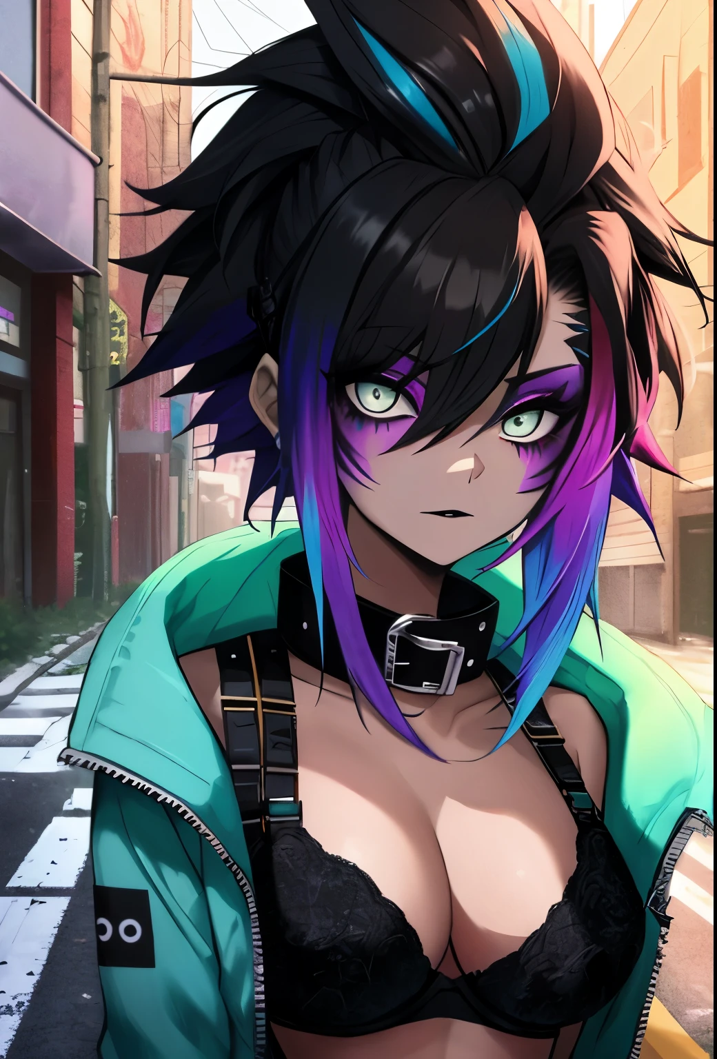 detailed face, 1girl ,mohawk with shaved sides, bright gradient hair, goth makeup, alt, outdoors, abandoned street, collar, perfect breasts, rainbow jacket, rainbow bra, bright eyes
