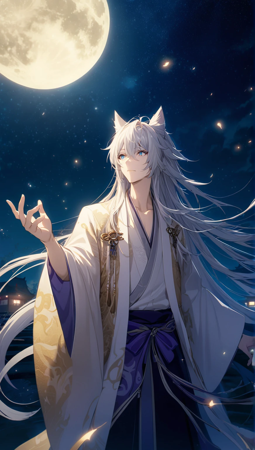 anime character miyabi of long white hair and blue eyes standing in front of a full moon, 白毛のFox, White-haired God, White Fox Anime, Flowing hair and long robes, of long white hair, Fox, Keqing of Genshin Impact, Flowing white robes, White long hair, Handsome Japanese Devil Boy, Haise Jinyao