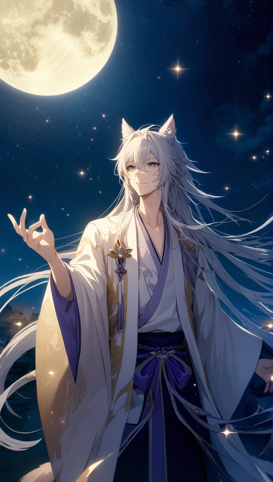 anime character miyabi  of long white hair and blue eyes standing in front of a full moon, 白毛のFox, White-haired God, White Fox Anime, Flowing hair and long robes, of long white hair, Fox, Keqing of Genshin Impact, Flowing white robes, White long hair, Handsome Japanese Devil Boy, Haise Jinyao