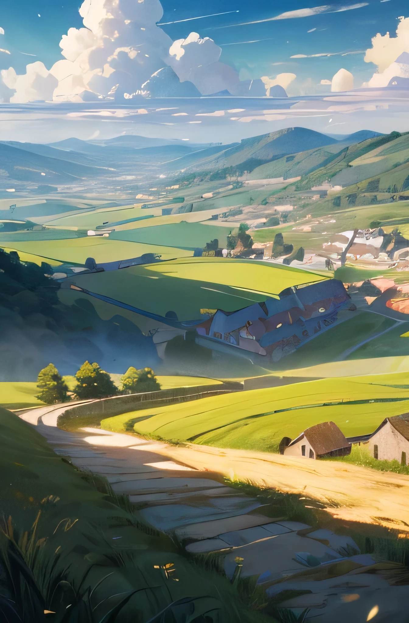 middle ages, wheat fields, windmill, village houses, rock path, day, clouds, scenery, landscape, hills, trees, forest, grass, cart, (masterpiece, best quality: 1.2)