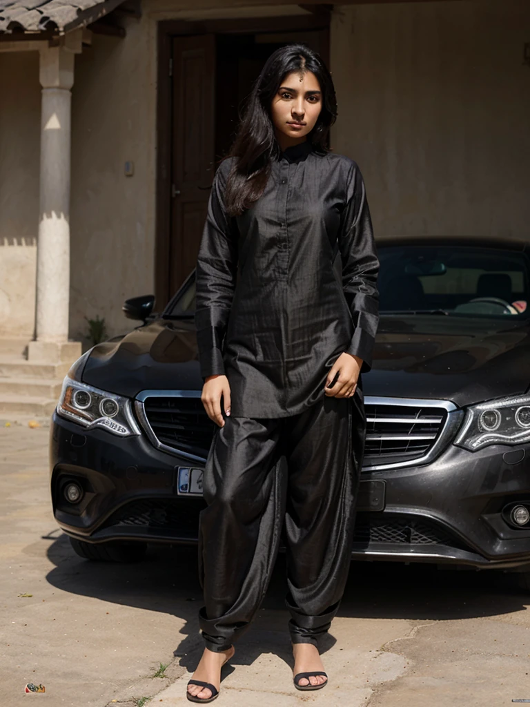 A photorealistic portrait of a young Pakistani woman, age 16, with long black, brown eyes, and slender figure, dressed a traditional shalwar suit, standing confidently in front of a mercedez, and the back ground should be a house lawn, with the focus on her height of 5'5 and milky skin.