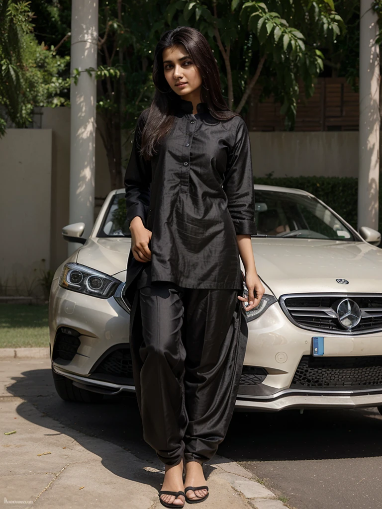 A photorealistic portrait of a young Pakistani woman, age 16, with long black, brown eyes, and slender figure, dressed a traditional shalwar suit, standing confidently in front of a mercedez, and the back ground should be a house lawn, with the focus on her height of 5'5 and milky skin.