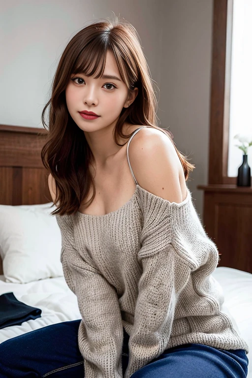 best quality, ispanique Une haute résolution, (photorealistic:1.4), 1 fille dans, high nose bridge, middle hair, (Outside rebound), falling bangs, tetas grandes, (tight sweater), (off shoulder), (culotte string), Shot from a distance, (PHOTO DU CORPS COMPLET), Bedrooms,