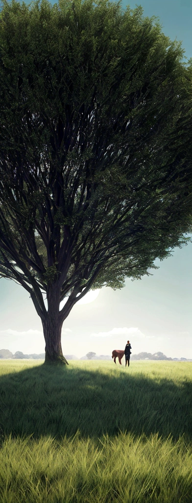https://s.mj.run/0tk3WERjrto as similar image, a beautiful black sky, grassland, tree in the distance, green, green background, High definition photography, High resolution, High detail, octane render, --ar 1:2 --stylize 50 --iw 2