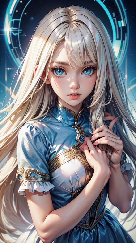 Unbeatable beauty, Skin is firm and shiny, bangs between eyes, Shiny straight beautiful platinum blonde, Silky extra long straight hair, Eyeliner, Sexy beautiful innocent 14 year old, HD big big beautiful bright blue eyes, beautiful cute girl, baby face, short sleeve,detailed eyes, detaield hands, detailed face