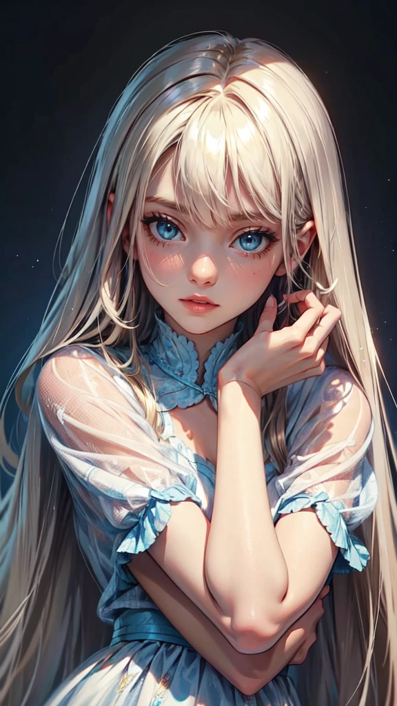 Unbeatable beauty, Skin is firm and shiny, bangs between eyes, Shiny straight beautiful platinum blonde, Silky extra long straight hair, Eyeliner, Sexy beautiful innocent 14 year old, HD big big beautiful bright blue eyes, beautiful cute girl, baby face, short sleeve,detailed eyes, detaield hands, detailed face