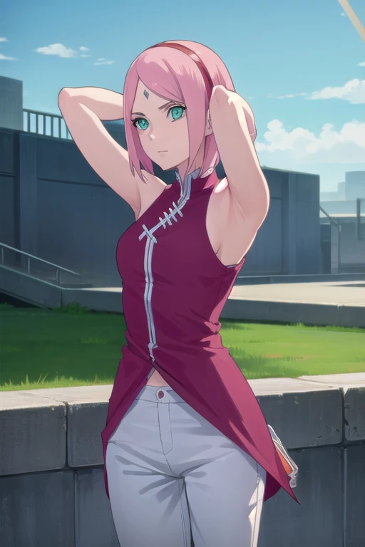 sakuraharuno, sakura uchiha, haruno sakura, short hair, (green eyes:1.5), pink hair, facial mark, forehead mark, hairband,
BREAK jewelry, sleeveless, pants, bracelet, sandals, toeless footwear, white pants, dress, red dress,
BREAK outdoors, city, sun, sky, clouds,
BREAK looking at viewer, (cowboy shot:1.5),
BREAK (masterpiece:1.2), best quality, high resolution, unity 8k wallpaper, (illustration:0.8), (beautiful detailed eyes:1.6), extremely detailed face, perfect lighting, extremely detailed CG, (perfect hands, perfect anatomy), arms up, armpits visible