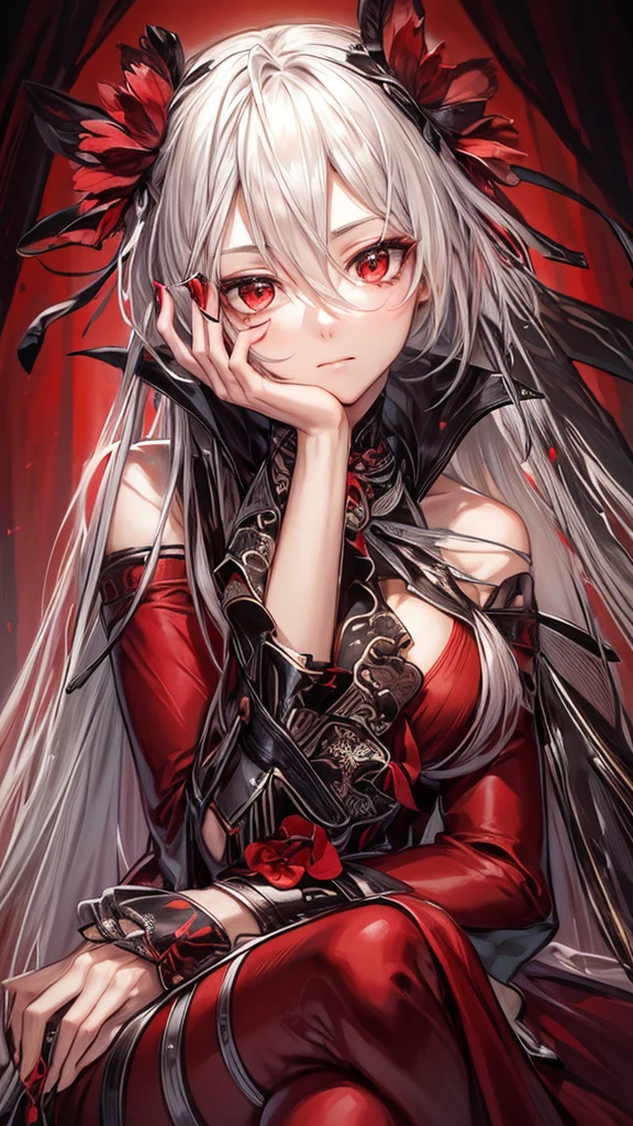 A young woman with long, flowing silver hair and piercing red eyes sits with her chin resting on her hand, gazing thoughtfully at the viewer. She is dressed in a red and black outfit with intricate details and a touch of lace, giving her a sophisticated and mysterious air. The lighting is warm and soft, highlighting her features and creating a sense of intimacy. red erythrina flowers on the head.

[Anime style, detailed and realistic, inspired by the works of Mihoyo and Pixiv artists], [soft lighting, warm colors, smooth textures, slight blur effect on the background, shallow depth of field]