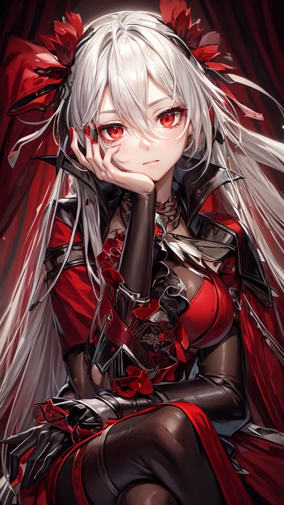 A young woman with long, flowing silver hair and piercing red eyes sits with her chin resting on her hand, gazing thoughtfully at the viewer. She is dressed in a red and black outfit with intricate details and a touch of lace, giving her a sophisticated and mysterious air. The lighting is warm and soft, highlighting her features and creating a sense of intimacy. red erythrina flowers on the head.

[Anime style, detailed and realistic, inspired by the works of Mihoyo and Pixiv artists], [soft lighting, warm colors, smooth textures, slight blur effect on the background, shallow depth of field]