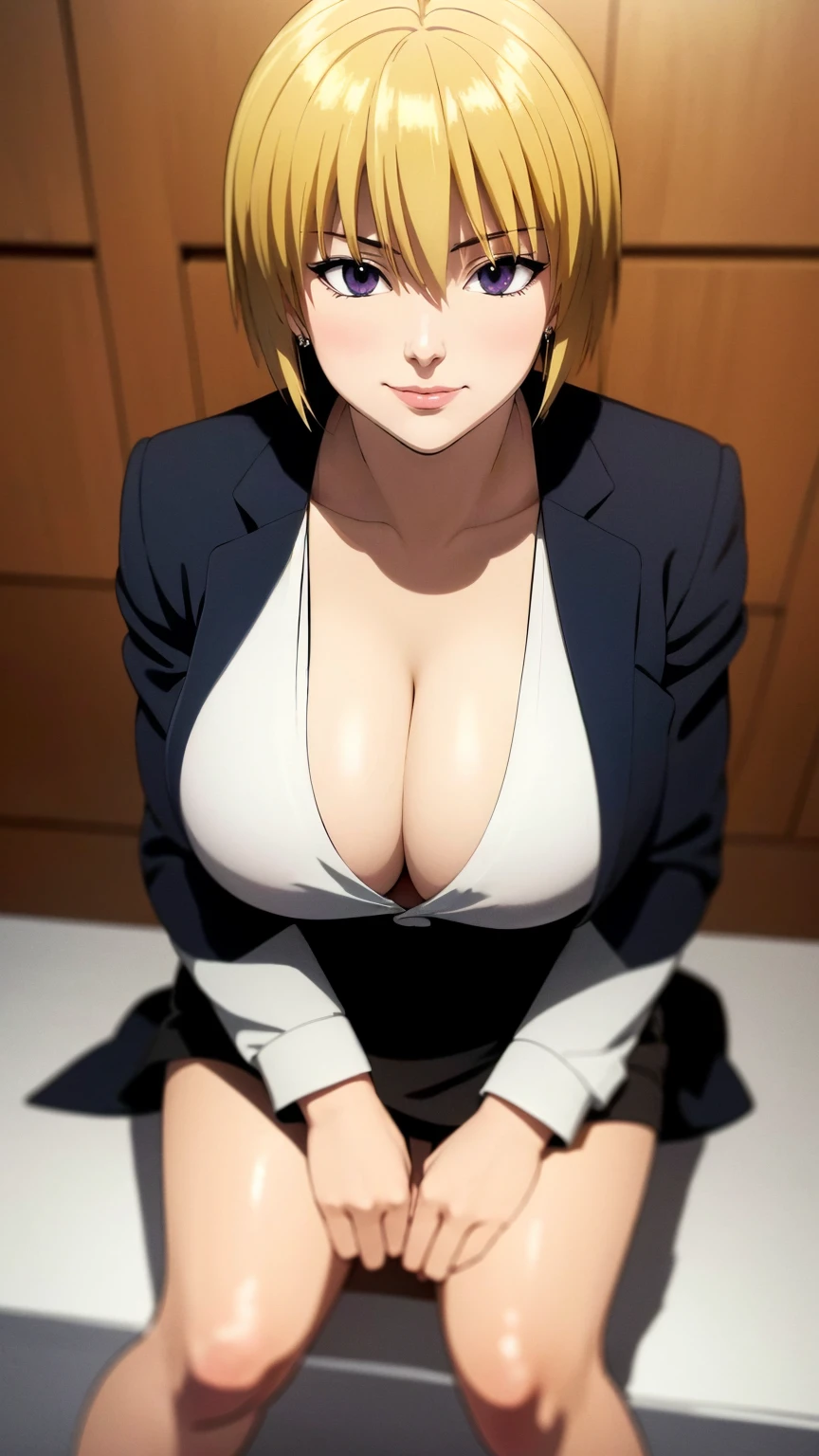 (UHD, retina, masterpiece, accurate, anatomically_correct, textured_skin, super_detail, high_details, high_quality, best_quality, high_res, 1080P, HD, 4K, 8k, 16k), (beautiful_detailed_eyes, beautiful_detailed_lips, extremely_detailed_eyes_and_face), soft_lighting, physically-based_rendering, vivid_colors, (large_breasts:1.5), (shiny_hair, shiny_skin, tanned_skin, blush), (bangs:1.5), eye_reflection, (bokeh), semi-profile_view, smile_and_laugh, (blazer, shirt, businessskirt, bra, sit:1.5),kurapika,blonde huge,bob hair,scarlet eyes,huge breasts,big ass