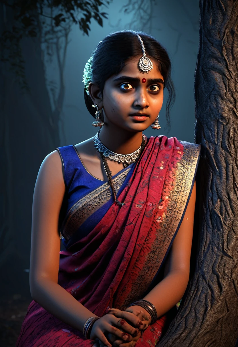 (horror) a beautiful indian beautiful ghost girl wearing sleeveless saree, sitting on a tree, scary bloody face, cruel smiling expression, seductive, detailed face, detailed eyes, detailed lips, 8k, high quality, ultra-detailed, realistic, photorealistic, physically-based rendering, vivid colors, horror, dark fantasy, moody lighting, dramatic lighting