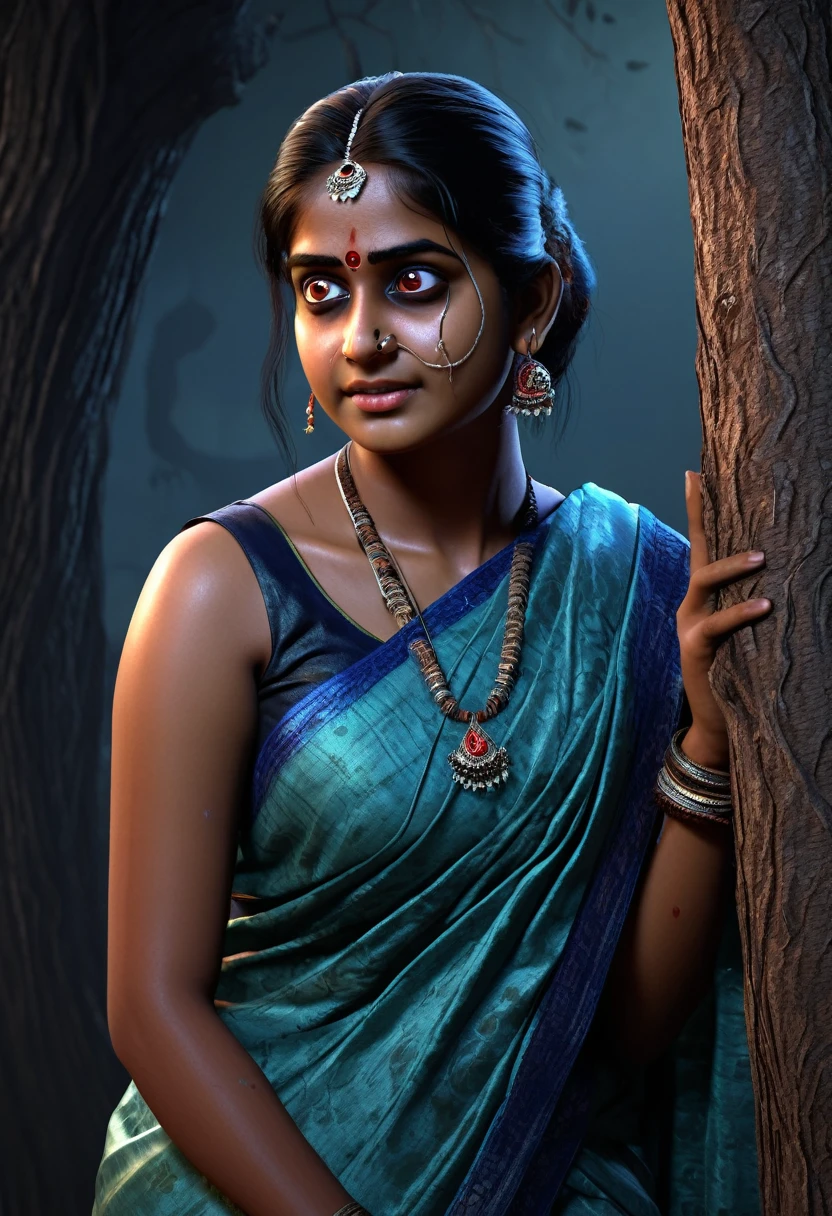 (horror) a beautiful indian beautiful ghost girl wearing sleeveless saree, sitting on a tree, scary bloody face, cruel smiling expression, seductive, detailed face, detailed eyes, detailed lips, 8k, high quality, ultra-detailed, realistic, photorealistic, physically-based rendering, vivid colors, horror, dark fantasy, moody lighting, dramatic lighting