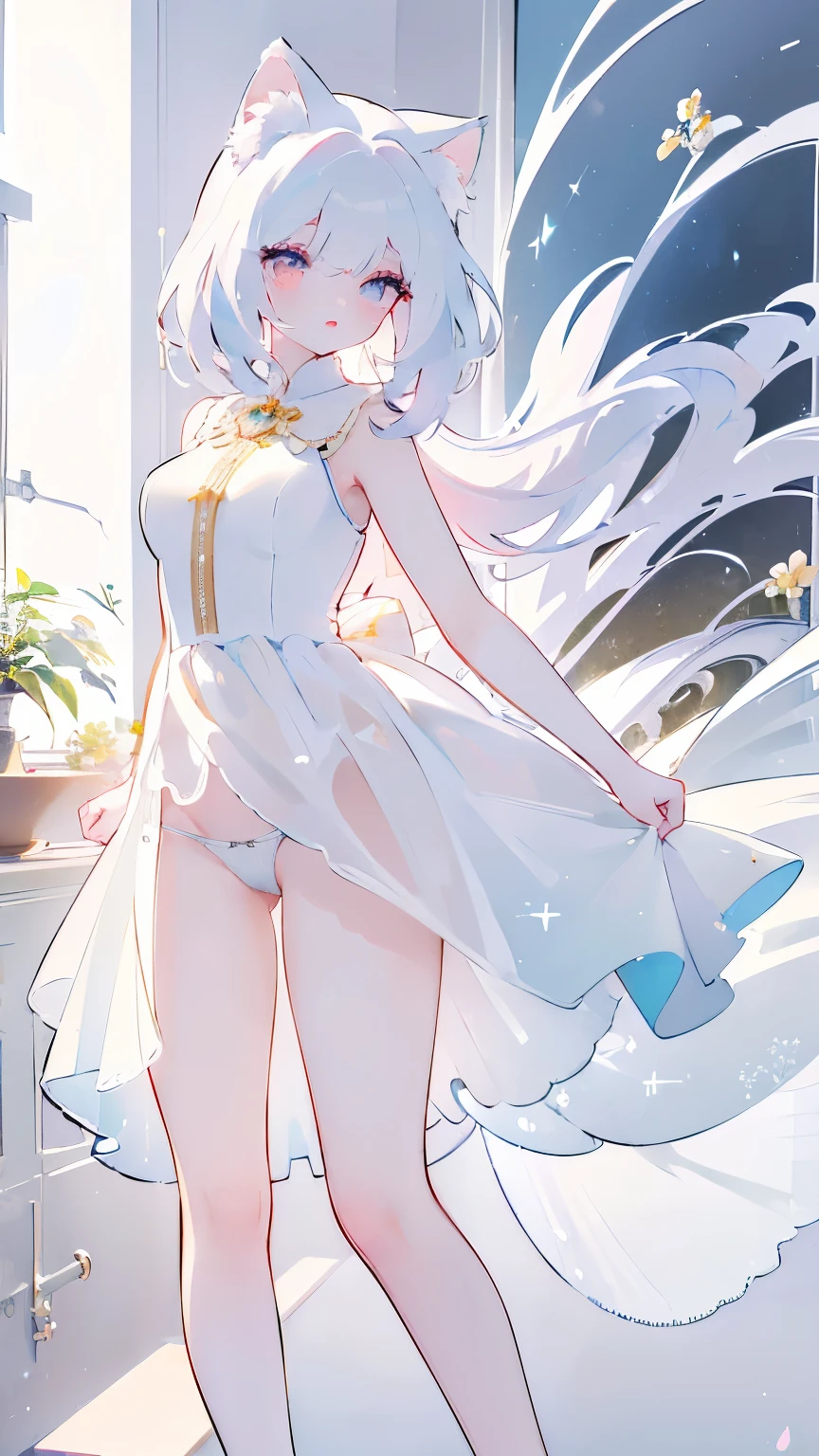 Tsundere 18 year old girl, beautiful and delicate eyes, beautiful lips, very detailed 눈과 얼굴, long eyelashes, 1girl, white cat ears, foot long bag, Front view, Red-eye, (top quality, 4K, 8K, high resolution, masterpiece:1.2), very detailed, (realistic인, realistic인, realistic인, realistic인, realistic: 1.37), very large breasts, elegant, fantasy, white background, T-panties , I can see my armpits,