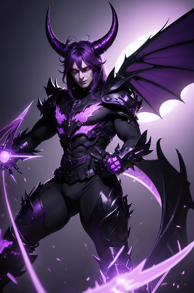 Create a purple demon with lights coming out of its chest and long wings with black spikes, and a huge horn 