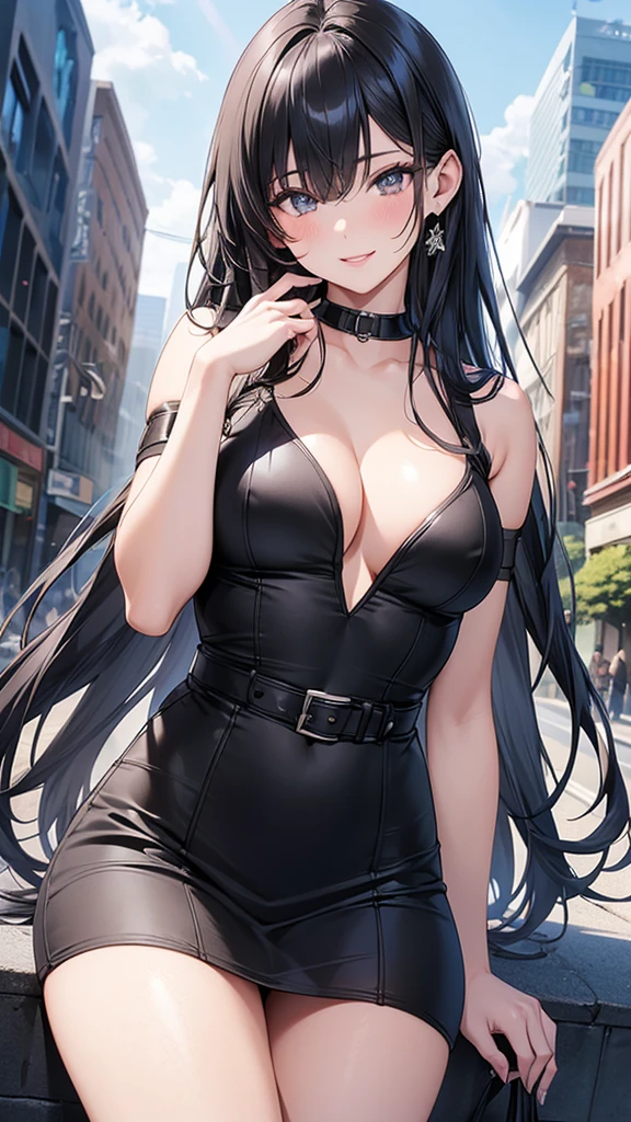 NSFW, 1girl, ((25 years old)), (((HD, UHD, HDR, Best Quality, Highly Detailed, 16K, Realistic anime, kbj))), black hair, long hair, (bright white skin), beautiful eyes, gray pupils, sexy lips, beautiful face, pretty face, smiling, blushing, whole body, slightly small breasts, shy, dongtan, gray slim dress, city girl