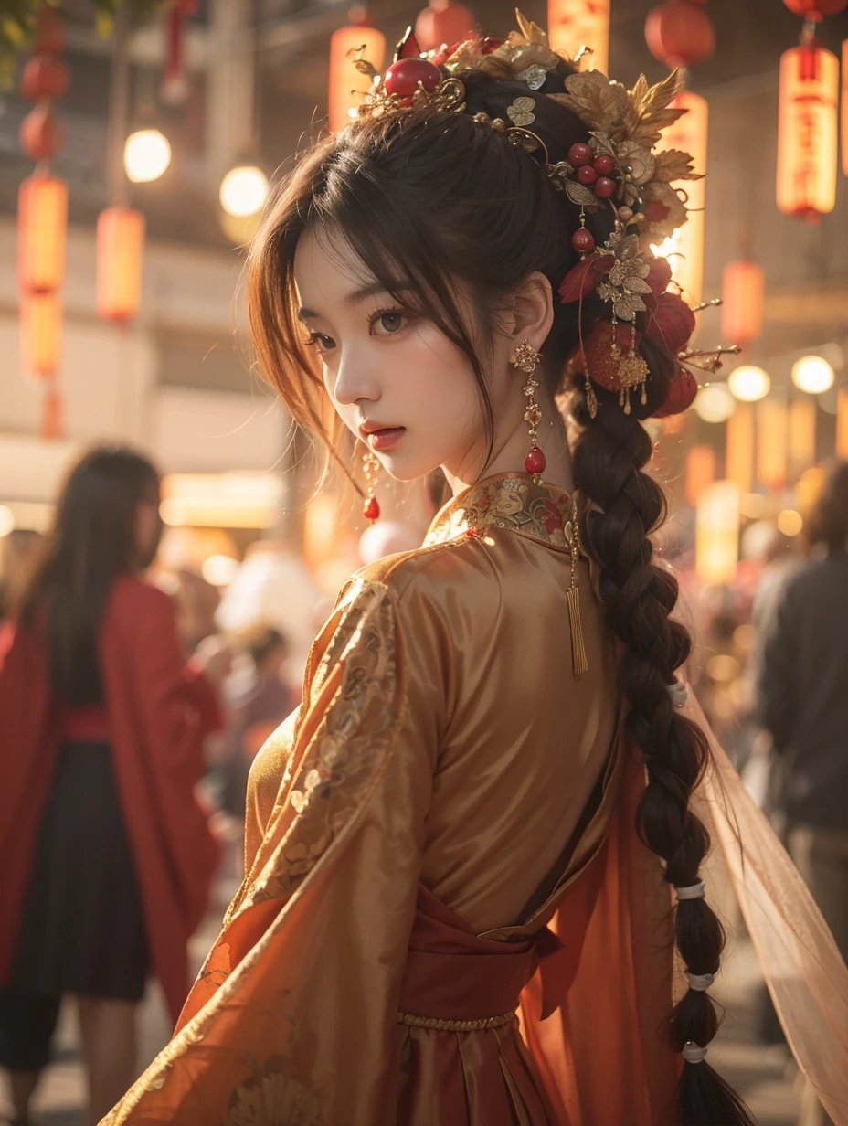 Beautiful Japanese Waifu, brunette hair, long braided pigtails, traditional Chinese style silk dress, golden bird head decoration with ruby droppings, large ruby earings, in a night festival 