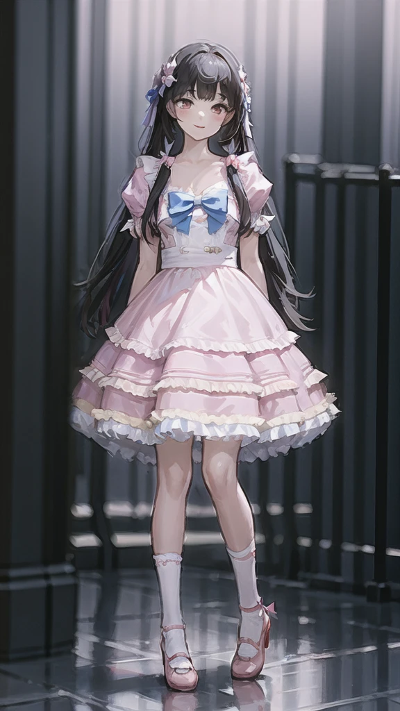 best quality, masterpiece, 1girl, solo, full body, standing, arms at sides, black hair, straight hair, blunt bangs, looking at viewer, smile, cyb dress, frilled dress, layered dress, long sleeves, white thighhighs, pink high heels, simple background