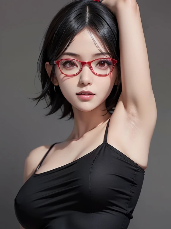 1girl, uchiha sarada in anime boruto, short hair, black hair, red eyes, smile, beautiful, sexy dress, sexy clothes, red clothes, wear red glasses, very big breast, realistic clothes, detail clothes, outdoor background, ultra detail, realistic