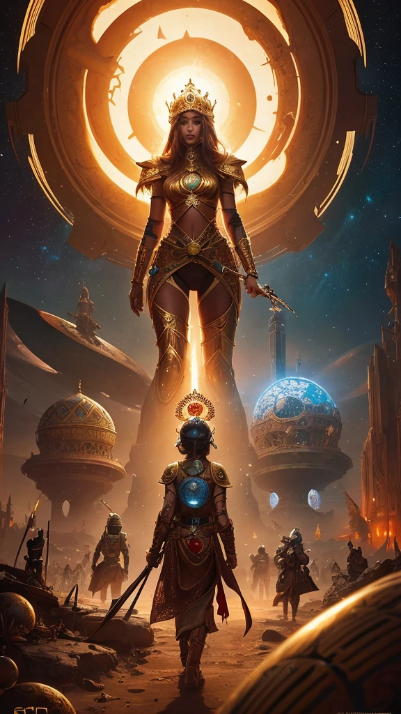 A woman wearing a helmet is walking with another person々Image of Arabic numerals surrounded by, Stephen Hickman, beautiful retro art, Mars Attacks, Golden lotus princess, Featured on cgsociety, Cosmic Apocalypse, persian queen, Kirill Leonov, Jason A. Engle, Barbarella  