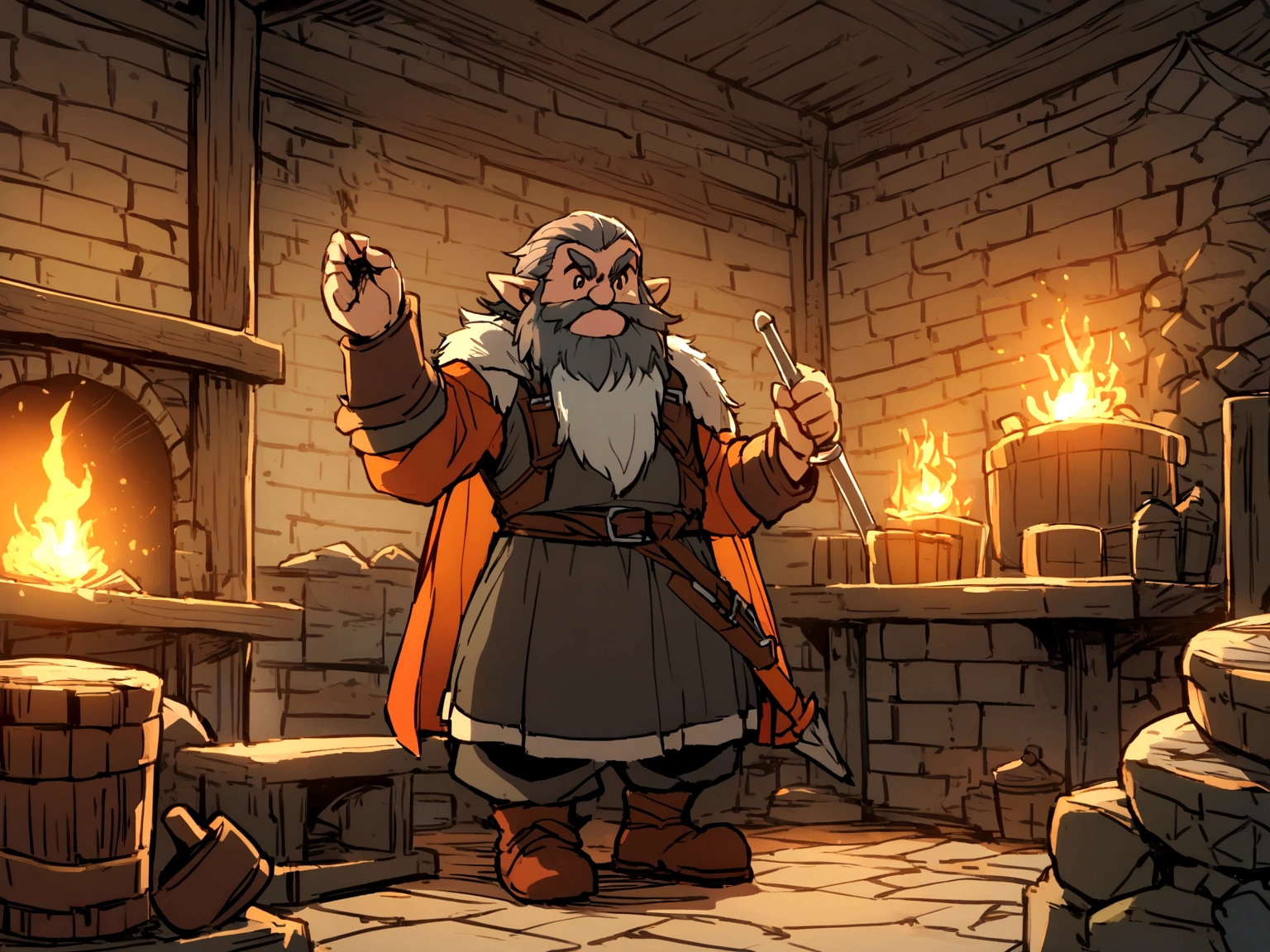 A dwarf forging a sword in a blacksmith shop