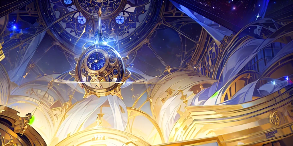 There is a clock on the ceiling of a building., Infinite Space Clock Background, Infinite Celestial Library, Alchemist's Library Background, background technologywork, Animation New Art Universe Display, Intricate sparkling atmosphere, background technology, Concept Art magical highlight, Kingdom of Light Background, Arena Background, anime background technology, astral background, Gorgeous border + Concept Art, Star Clocks
