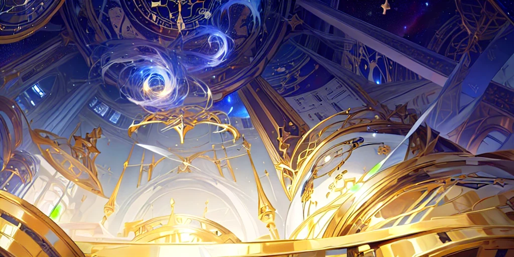 There is a clock on the ceiling of a building., Infinite Space Clock Background, Infinite Celestial Library, Alchemist's Library Background, background technologywork, Animation New Art Universe Display, Intricate sparkling atmosphere, background technology, Concept Art magical highlight, Kingdom of Light Background, Arena Background, anime background technology, astral background, Gorgeous border + Concept Art, Star Clocks