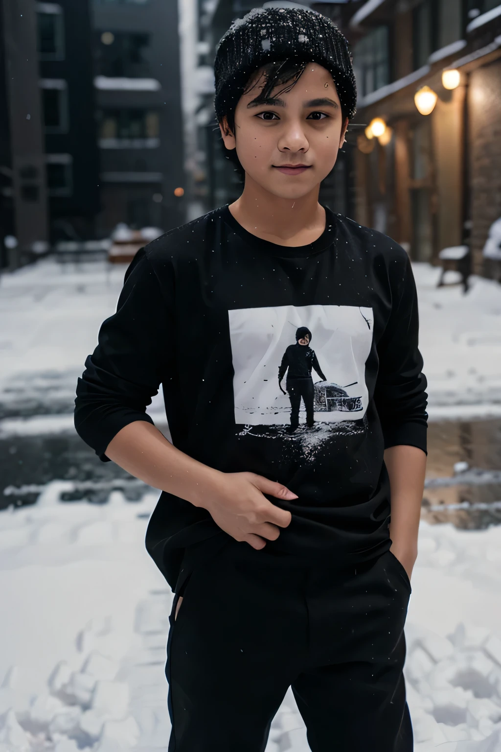 a boy standing outside in snow fall wearing black shirt and black pant 