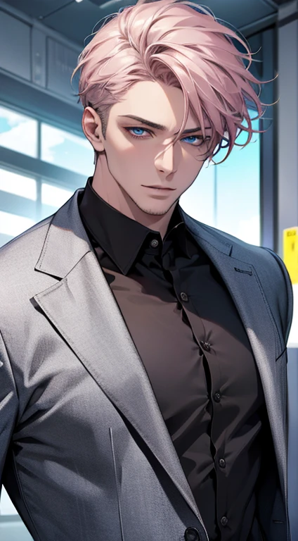 (best quality,4k,8k,highres,masterpiece:1.2),ultra-detailed,(realistic,photorealistic,photo-realistic:1.37),1 man,31 years old,mature man,very handsome,without expression,smile,short grey pink hair,blue eyes,penetrating gaze,perfect face without errors,imposing posture,businessman,office background,cinematic lighting,hdr image