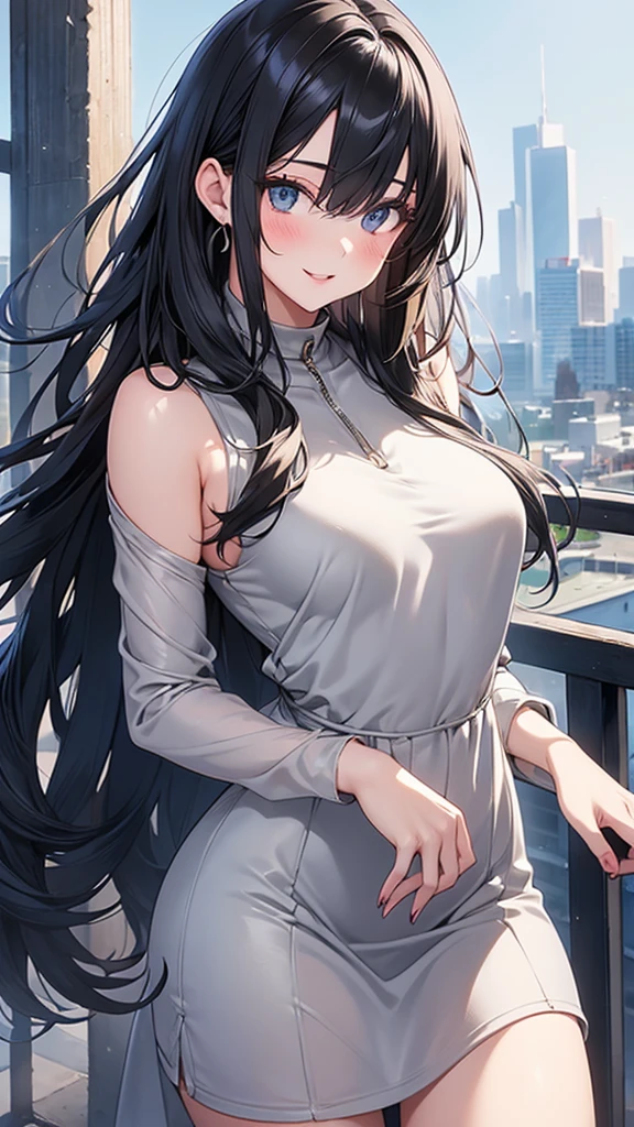 NSFW, 1girl, ((25 years old)), (((HD, UHD, HDR, Best Quality, Highly Detailed, 16K, Realistic anime, kbj))), black hair, long hair, (bright white skin), beautiful eyes, gray pupils, sexy lips, beautiful face, pretty face, smiling, blushing, whole body, slightly small breasts, shy, dongtan, gray slim dress, city girl