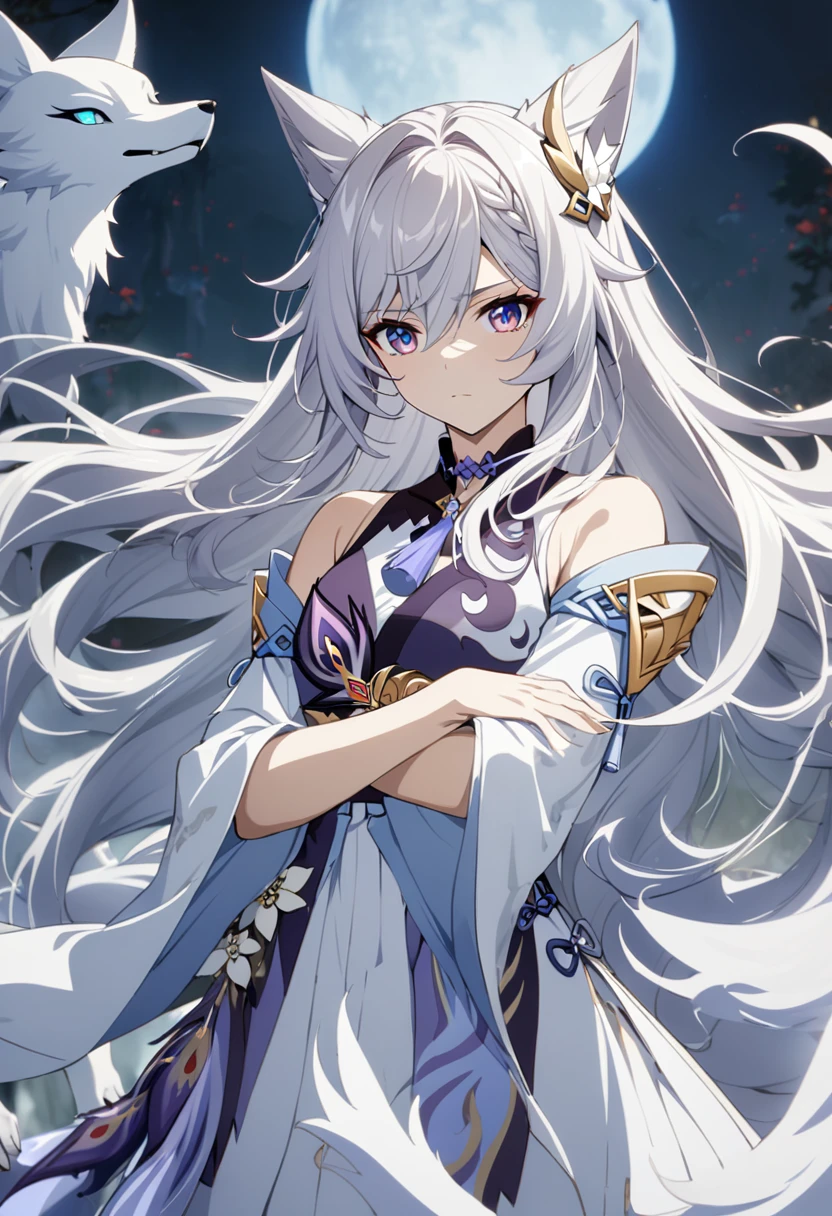 ((Highest quality)), ((masterpiece)), (Detailed face and eyes:1.2), Perfect Face,anime character miyabi of long white hair and blue eyes standing in front of a full moon, 白毛のFox, White-haired God, White Fox Anime, Flowing hair and long robes, of long white hair, Fox, Keqing of Genshin Impact, Flowing white robes, White long hair, Handsome Japanese Devil Boy, Haise Jinyao
