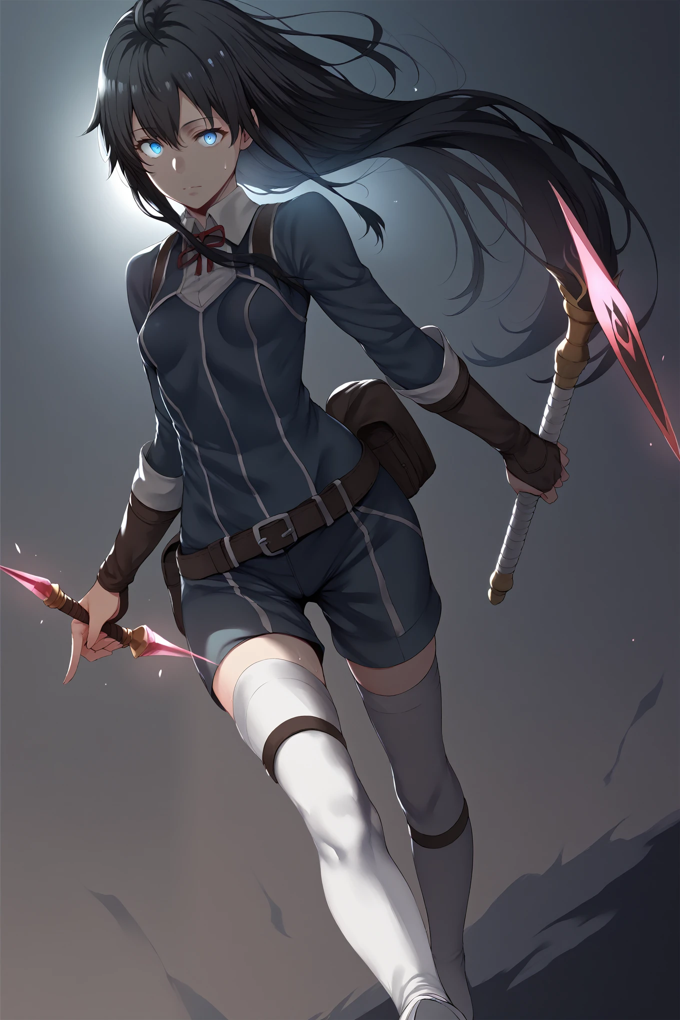 (hews art style:0.7), score_9, score_8_up, score_7_up, score_6_up, uncensored, Yukinoshita yukino, black hair, long hair, blue eyes, sweating, BREAK (masterpiece:1.2), best quality, high resolution, (detailed eyes:1.3), perfect lighting, (perfect hands, perfect anatomy), (small breasts:1.3), rating:safe, 1girl, weapon, solo, dual_wielding, holding, belt, polearm, looking_at_viewer, BREAK, hollow eyes, expressionless, dark matter, magic, aura,