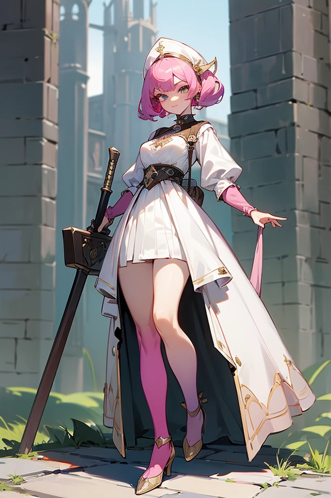 (masterpiece, Best quality, 32 thousand.), (((facing the viewer, full height))), ((full body)), Young teenage girl with pink hair , ((pink глаза)), ((Eyeliner)), ((Beautiful face, sultry face, mischievous face, fine features, sexy face)), ((pale skin, Smooth skin, perfect skin)), ((cute outfit, Stylish outfit, Medieval attire, fantasy outfit, tactical equipment:1.3))
