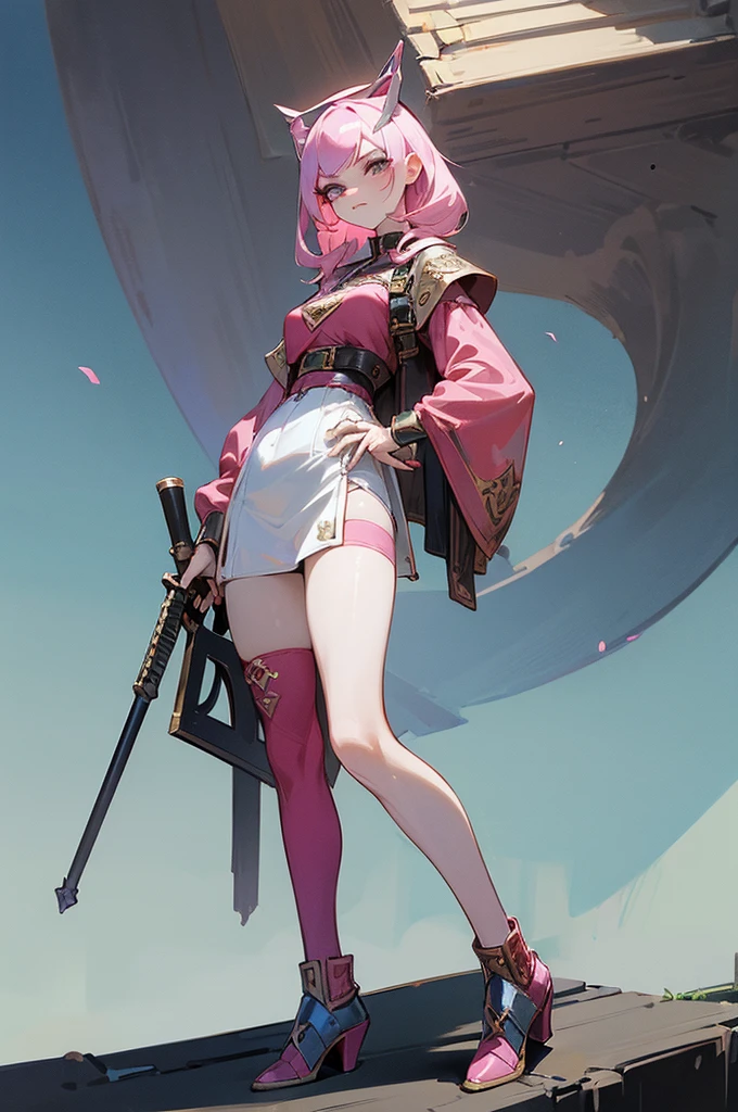 (masterpiece, Best quality, 32 thousand.), (((facing the viewer, full height))), ((full body)), Young teenage girl with pink hair , ((pink глаза)), ((Eyeliner)), ((Beautiful face, sultry face, mischievous face, fine features, sexy face)), ((pale skin, Smooth skin, perfect skin)), ((cute outfit, Stylish outfit, Medieval attire, fantasy outfit, tactical equipment:1.3))