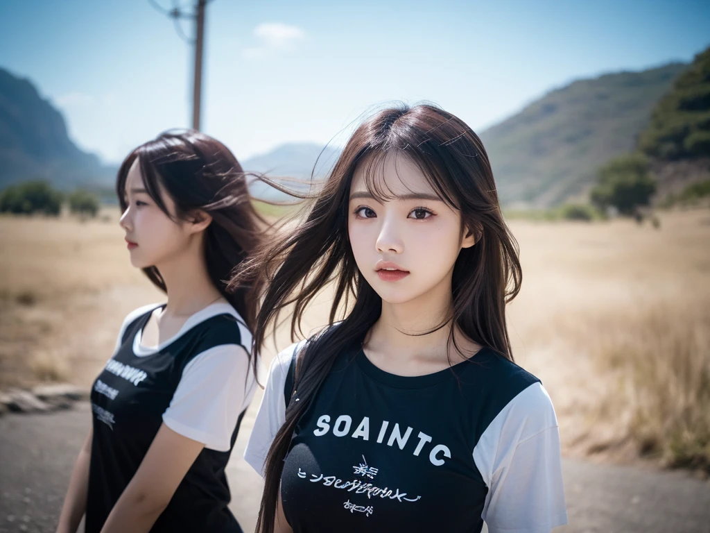 T-Shirts、(Highest quality,masterpiece:1.3,Ultra-high resolution,),(Super detailed,Caustics),(Realistic:1.4,RAW shooting,)Ultra-Realistic Capture,Very detailed,High resolution 16K suitable for human skin、 Natural skin texture、、The skin looks healthy、The color is also uniform..,One Woman,Japanese,,cute、(Written boundary depth、chromatic aberration、、Wide range of lighting、Natural Shading、)、Rock Band Festival、(Hair swaying in the wind:1.2)