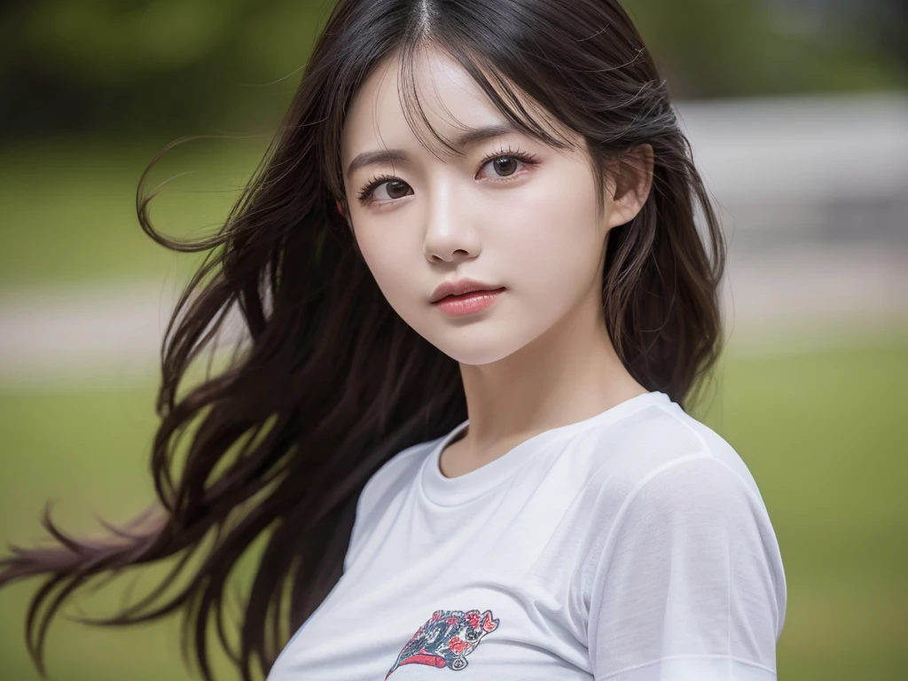 T-Shirts、(Highest quality,masterpiece:1.3,Ultra-high resolution,),(Super detailed,Caustics),(Realistic:1.4,RAW shooting,)Ultra-Realistic Capture,Very detailed,High resolution 16K suitable for human skin、 Natural skin texture、、The skin looks healthy、The color is also uniform..,One Woman,Japanese,,cute、(Written boundary depth、chromatic aberration、、Wide range of lighting、Natural Shading、)、Rock Band Festival、(Hair swaying in the wind:1.2)