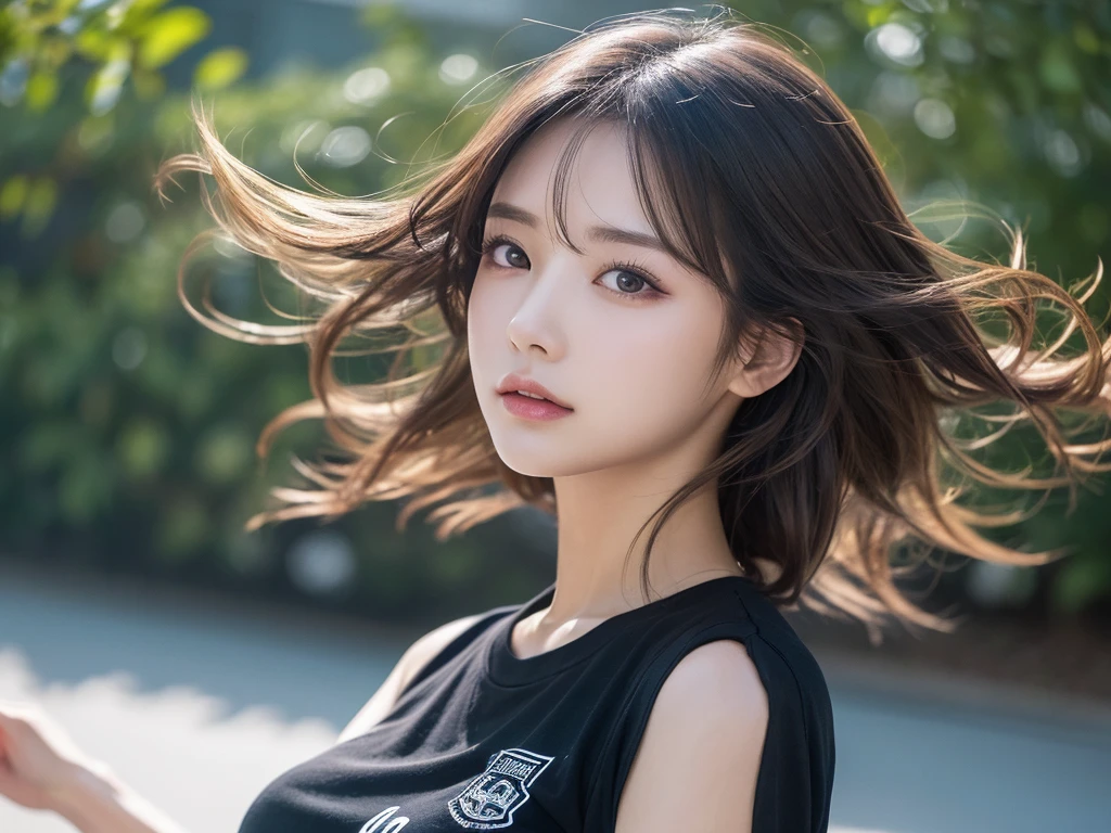 T-Shirts、(Highest quality,masterpiece:1.3,Ultra-high resolution,),(Super detailed,Caustics),(Realistic:1.4,RAW shooting,)Ultra-Realistic Capture,Very detailed,High resolution 16K suitable for human skin、 Natural skin texture、、The skin looks healthy、The color is also uniform..,One Woman,Japanese,,cute、(Written boundary depth、chromatic aberration、、Wide range of lighting、Natural Shading、)、Rock Band Festival、(Hair swaying in the wind:1.2)