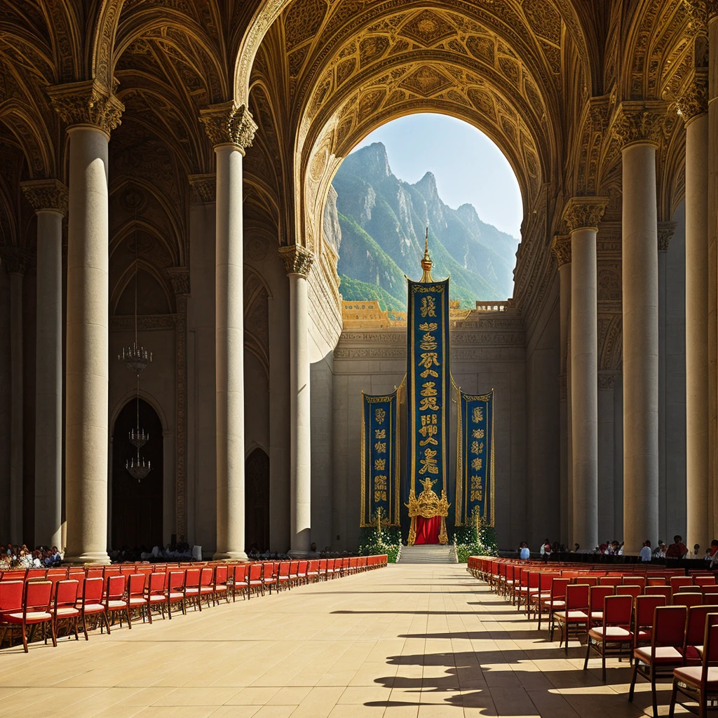 big banquet hall with a throne in the background, a lot of people, digital painting and manga style landscape format heroic fantasy