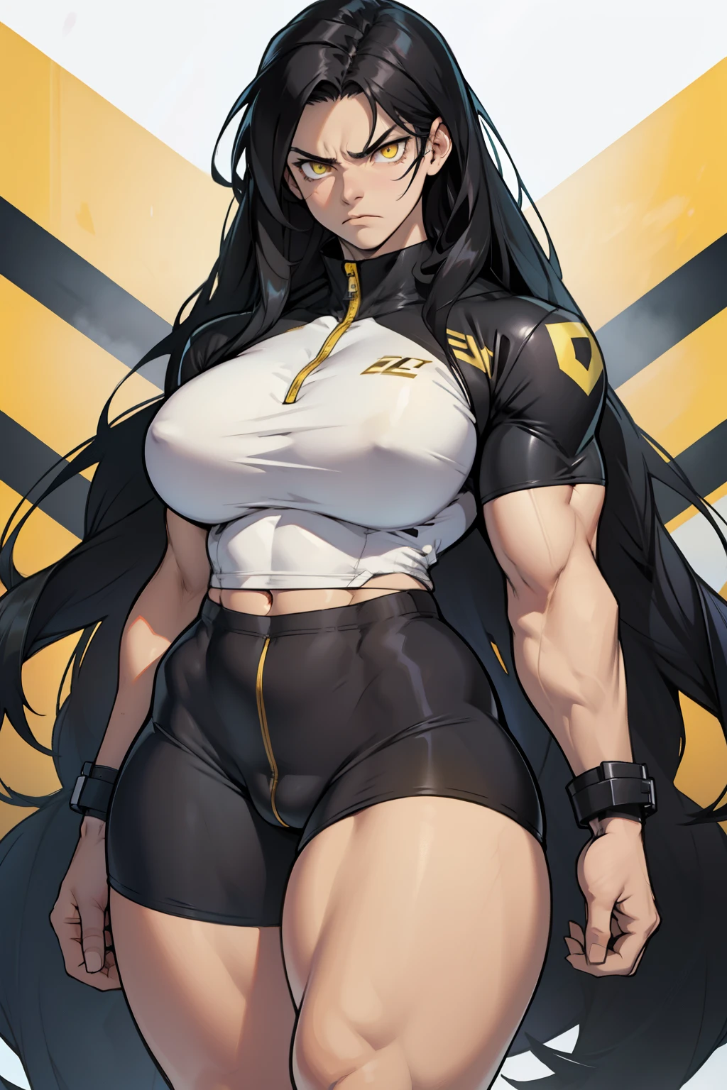 giant breasts giant muscles giant thighs giant black hair yellow eyes pale skin long hair angry sad frown tight fitting clothes 