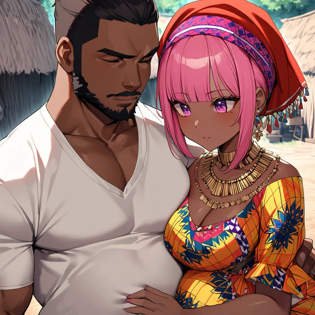 ((Highest quality)), ((masterpiece)), (detailed), (Perfect Face)、the woman is pregnant、The woman is Momo Belia Deviluke, a Ghanaian by birth, with a vibrant dark skin, and is wearing a vibrant Ghanaian dress, a vibrant headscarf, gorgeous jewellery and an engagement ring.、The woman is the elegant Momo Belia Deviluke, with short pink bob hair, a colorful Ghanaian dress, a colorful headscarf, and vivid dark brown skin. She is a natural-born black and Ghanaian.、(The woman is a black Ghanaian with vivid dark brown skin.)、The woman is seen in a Ghanaian village, cuddling with a dignified, muscular, bearded, middle-aged Ghanaian man.、The man is the woman's husband, a dignified, muscular, middle-aged Ghanaian with a beard, wearing colorful Ghanaian traditional clothing and wearing an engagement ring.、the woman is pregnant