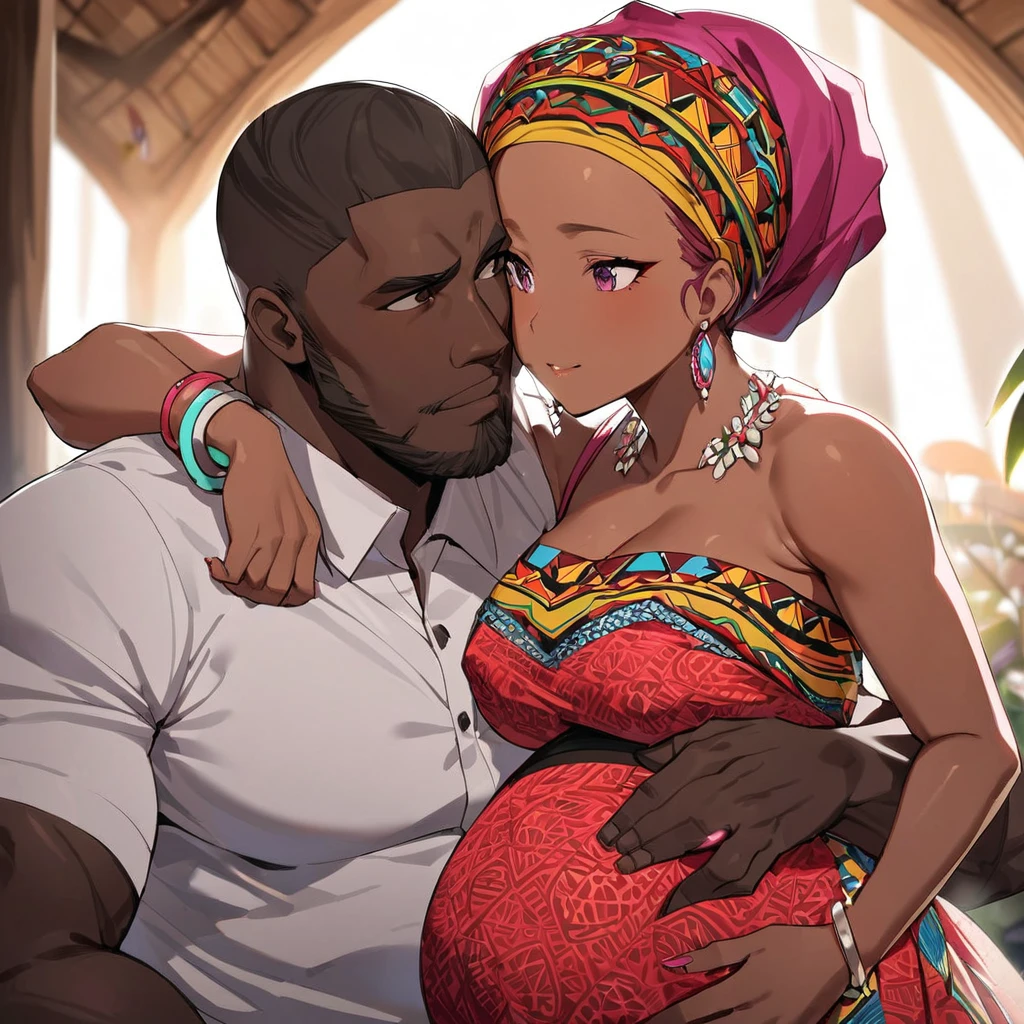((Highest quality)), ((masterpiece)), (detailed), （Perfect Face）、the woman is pregnant、The woman is Momo Belia Deviluke, a Ghanaian by birth, with a vibrant dark skin, and is wearing a vibrant Ghanaian dress, a vibrant headscarf, gorgeous jewellery and an engagement ring.、The woman is the elegant Momo Belia Deviluke, with short pink bob hair, a colorful Ghanaian dress, a colorful headscarf, and vivid dark brown skin. She is a natural-born black and Ghanaian.、（The woman is a black Ghanaian with vivid dark brown skin.）、The woman is seen in a Ghanaian village, cuddling with a dignified, muscular, bearded, middle-aged Ghanaian man.、The man is the woman&#39;s husband, a dignified, muscular, middle-aged Ghanaian with a beard, wearing colorful Ghanaian traditional clothing and wearing an engagement ring.、the woman is pregnant