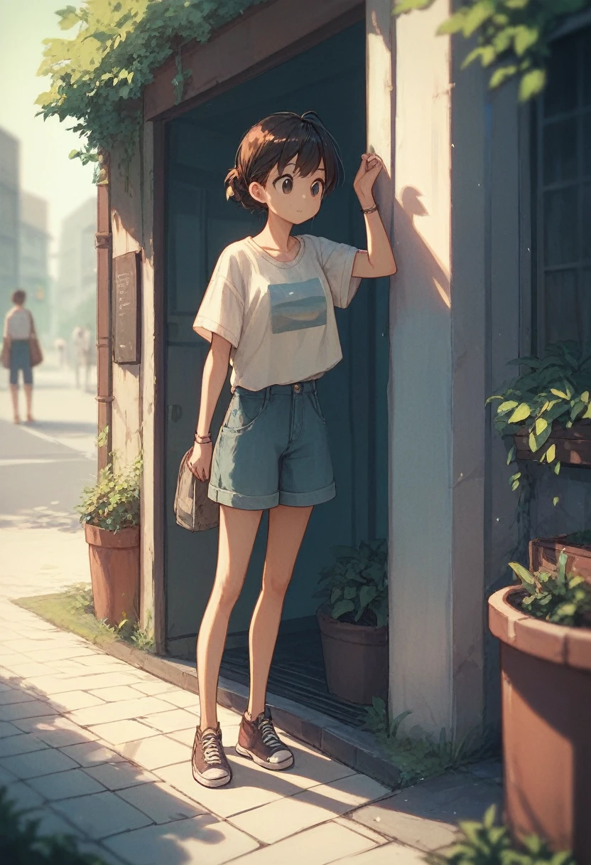 anime girl, casual clothing, cute, outdoors, concept, full body,