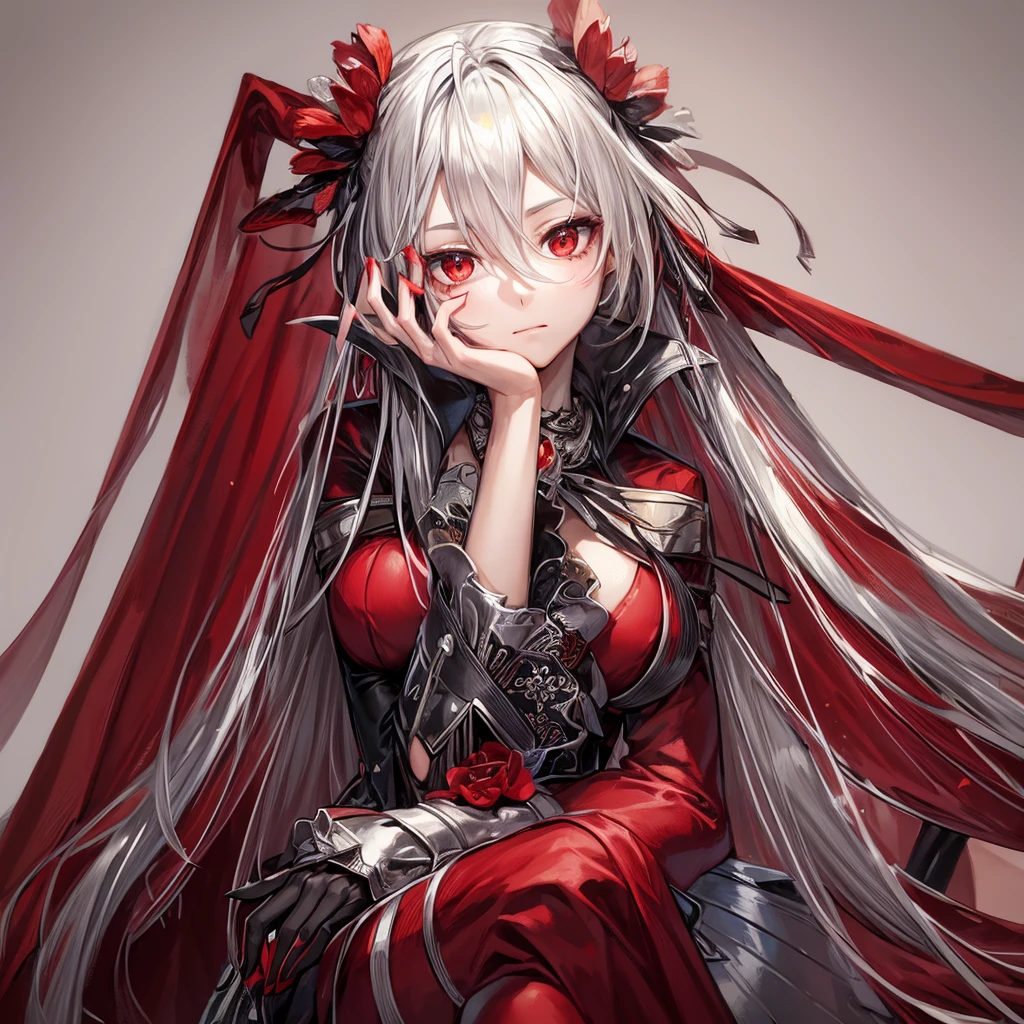 A young woman with long, flowing silver hair and piercing red eyes sits with her chin resting on her hand, gazing thoughtfully at the viewer. She is dressed in a red and black outfit with intricate details and a touch of lace, giving her a sophisticated and mysterious air. The lighting is warm and soft, highlighting her features and creating a sense of intimacy. red erythrina flowers on the head.

[Anime style, detailed and realistic, inspired by the works of Mihoyo and Pixiv artists], [soft lighting, warm colors, smooth textures, slight blur effect on the background, shallow depth of field]