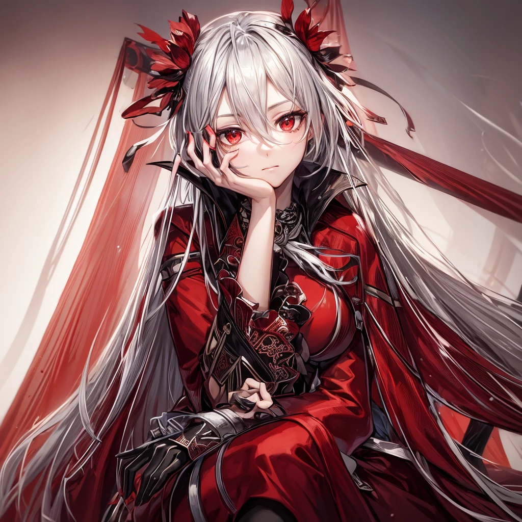 A young woman with long, flowing silver hair and piercing red eyes sits with her chin resting on her hand, gazing thoughtfully at the viewer. She is dressed in a red and black outfit with intricate details and a touch of lace, giving her a sophisticated and mysterious air. The lighting is warm and soft, highlighting her features and creating a sense of intimacy. red erythrina flowers on the head.

[Anime style, detailed and realistic, inspired by the works of Mihoyo and Pixiv artists], [soft lighting, warm colors, smooth textures, slight blur effect on the background, shallow depth of field]